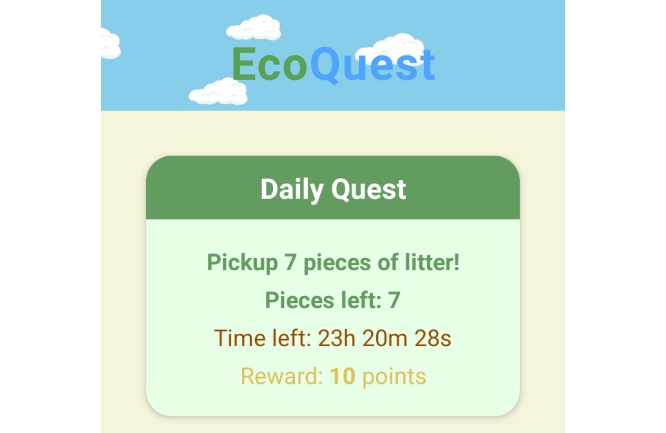 EcoQuest app's title and a Daily Quest stating 'Pickup 7 pieces of litter! Pieces left: 7'