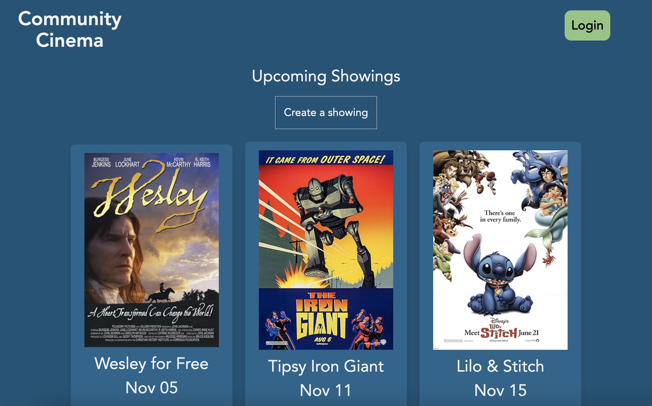 The community cinema website's home page