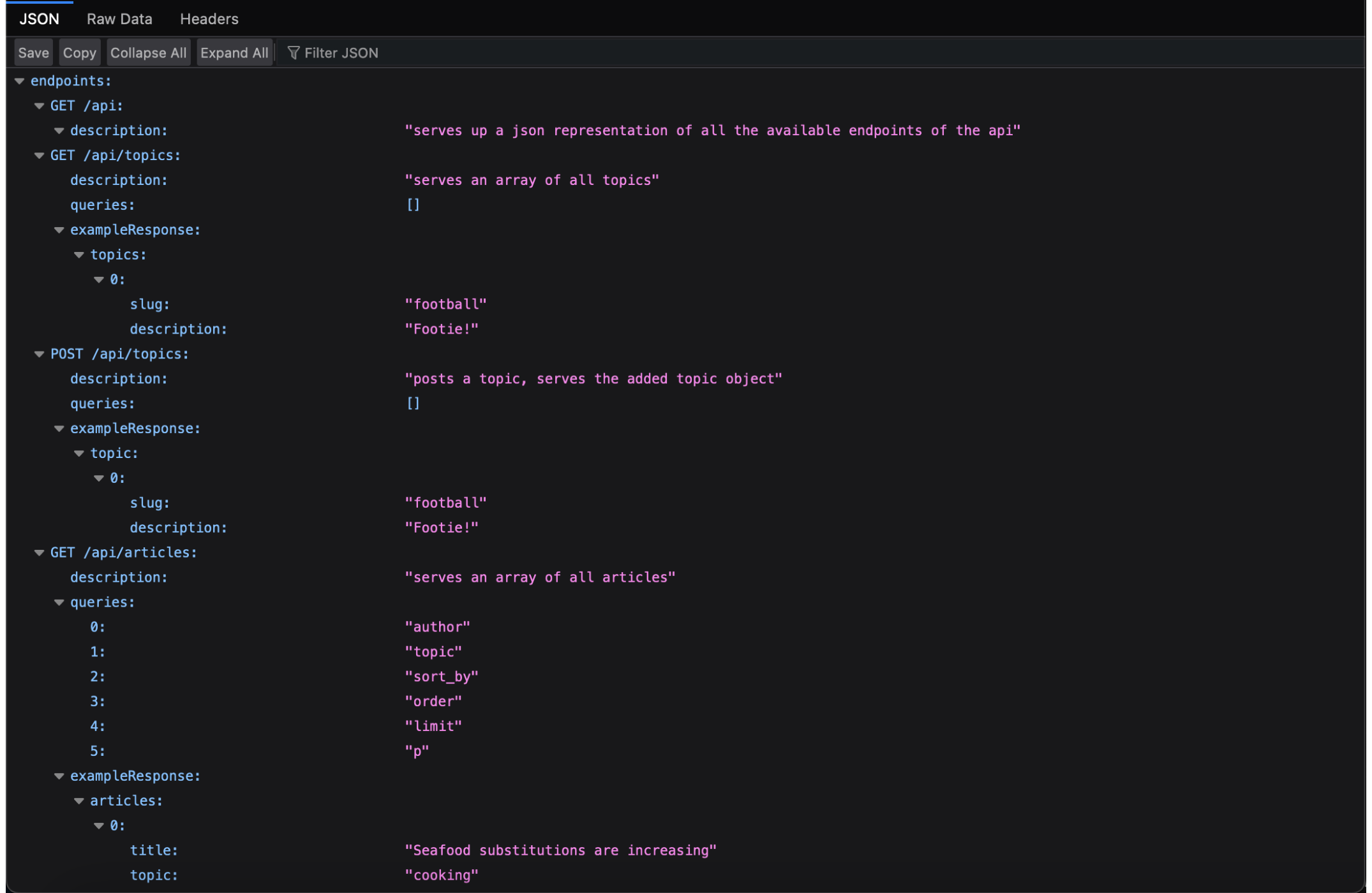 JSON from NC News API's '/api' endpoint, which describes the API's endpoints
